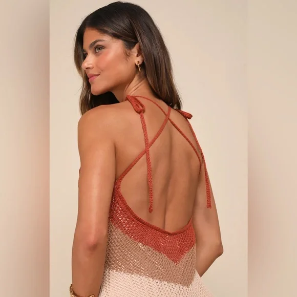 Lulu's Cancun Calling Taupe Multi Crochet Halter Midi Sweater Dress Small NWT - Picture 4 of 10